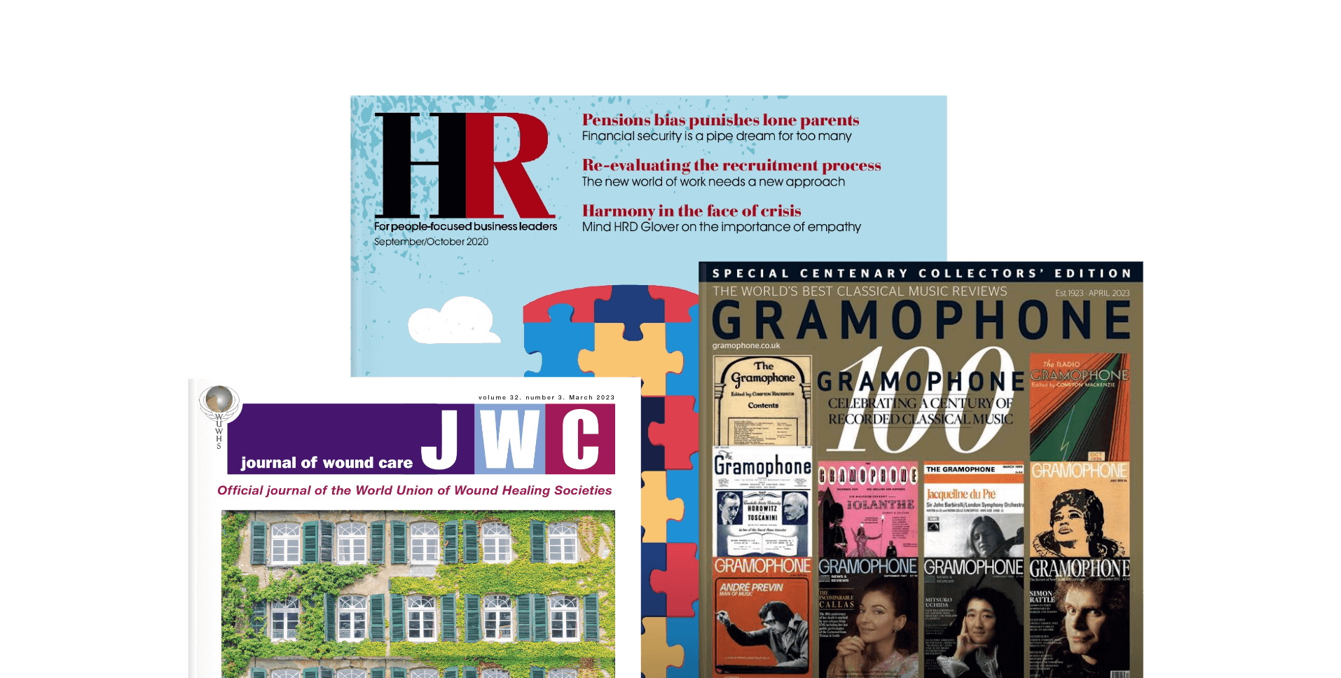 Collection of magazines and journals, including HR, Journal of Wound Care and Gramophone