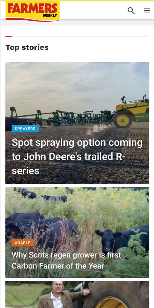 Mobile screehshot of the homepage of Farmers Weekly website. Many news and journal articles are free to access, some require subscriptions