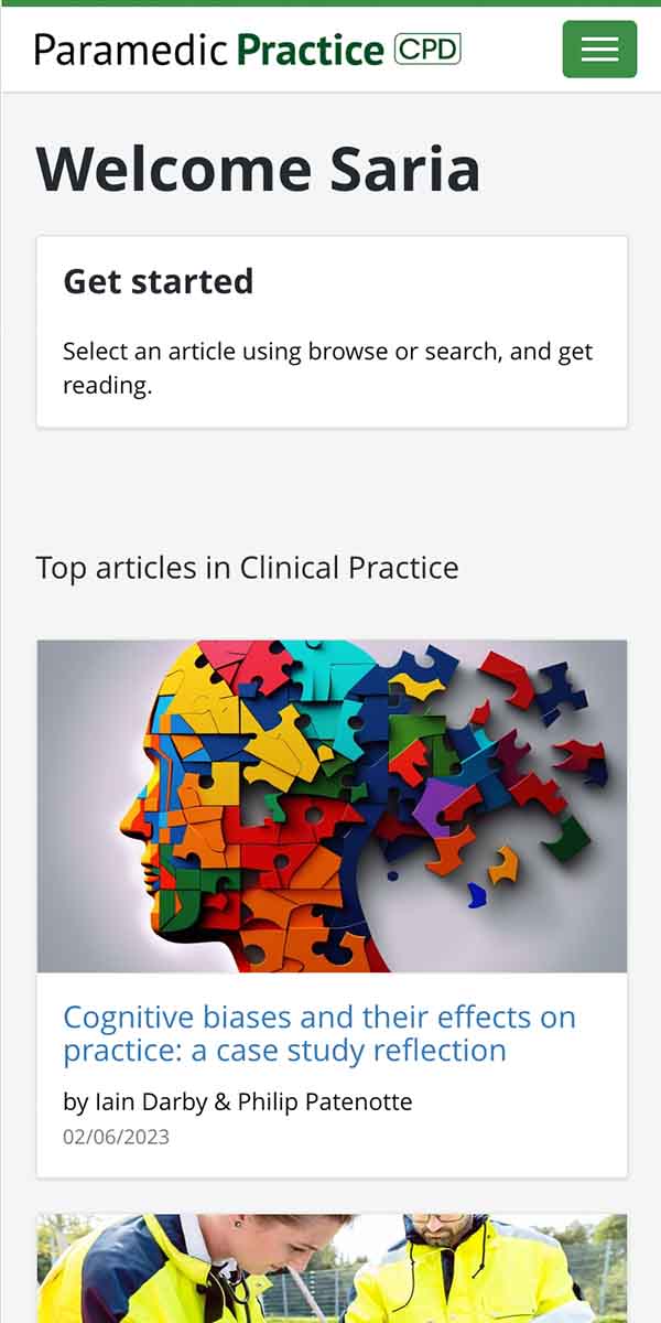 Mobile screenshot of Paramedic Practice CPD portal. Progress your career through CPD learning.