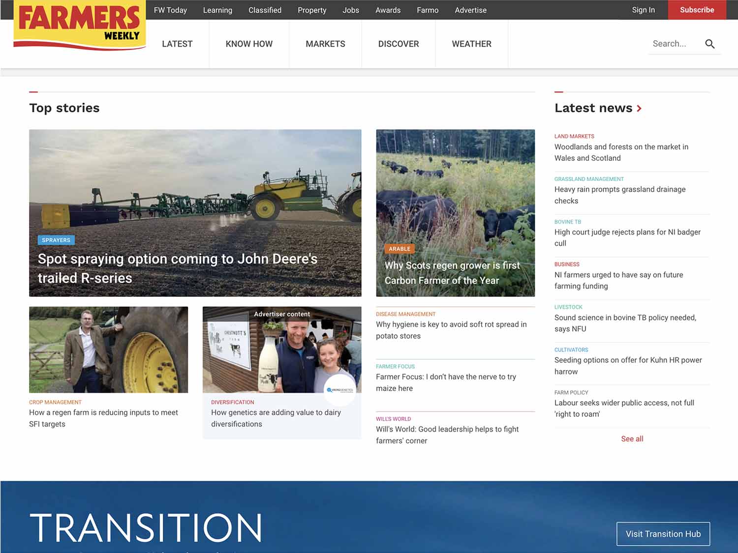 Tablet screehshot of the homepage of Farmers Weekly website. Many news and journal articles are free to access, some require subscriptions