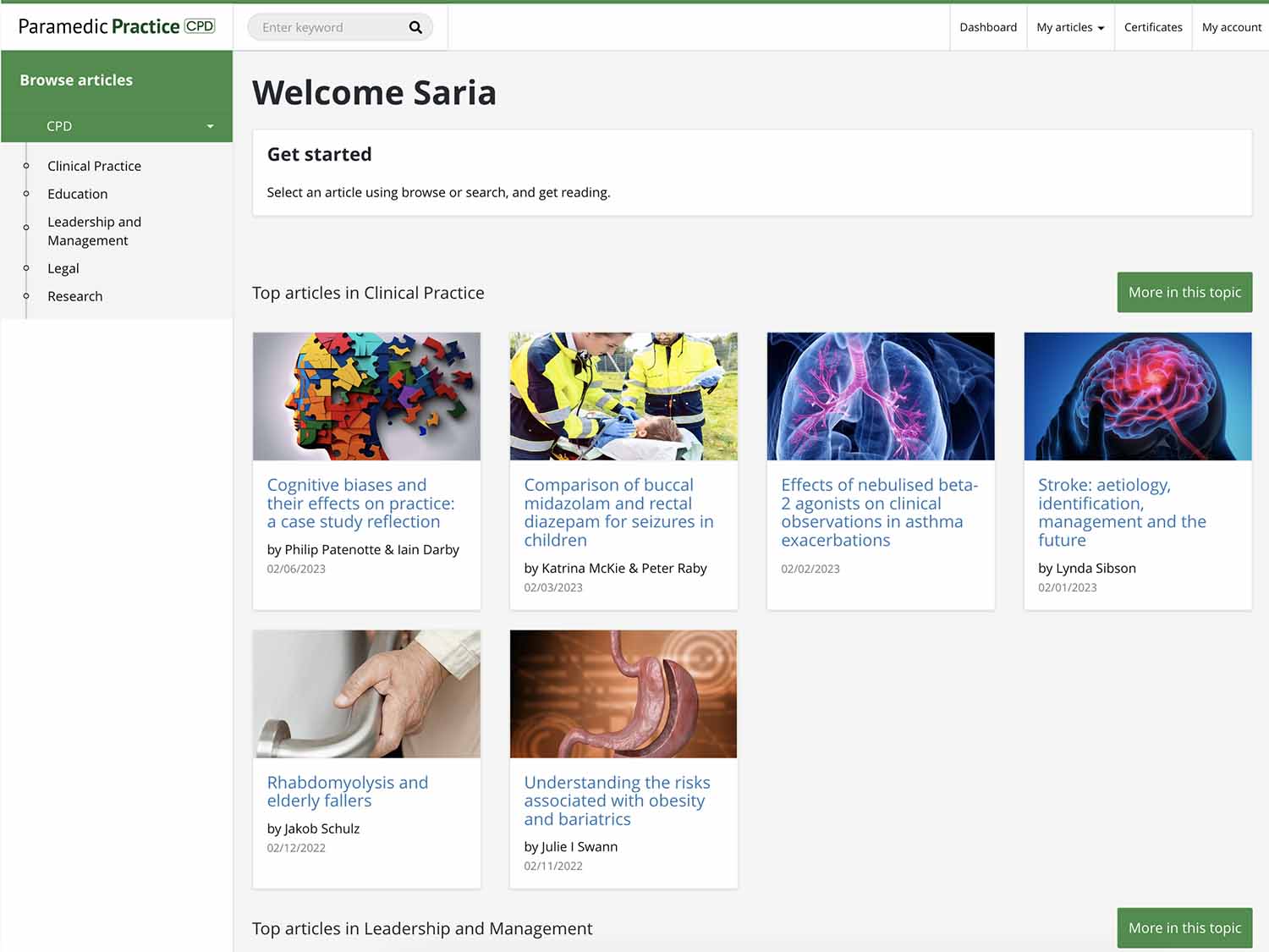 Tablet screenshot of Paramedic Practice CPD portal. Progress your career through CPD learning.
